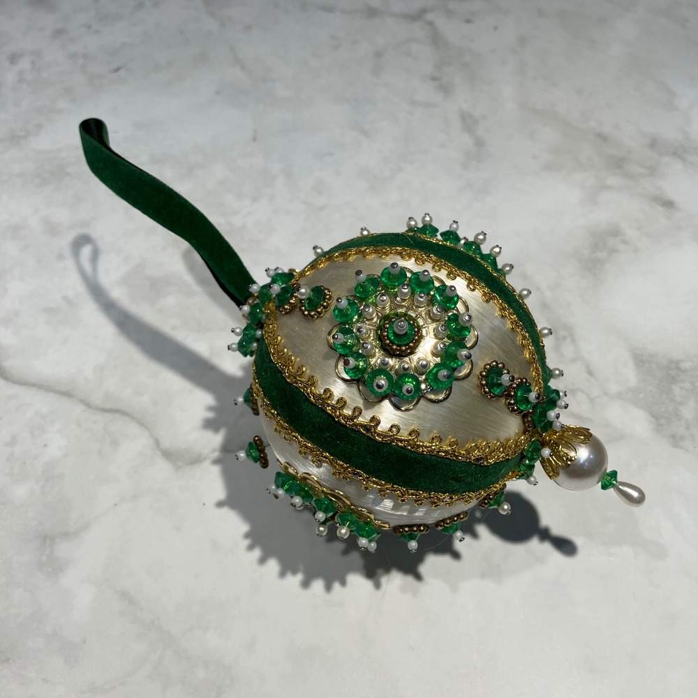 Vintage Handcrafted Beaded Satin Christmas Ornament Green Velvet Gold Pearl 3in